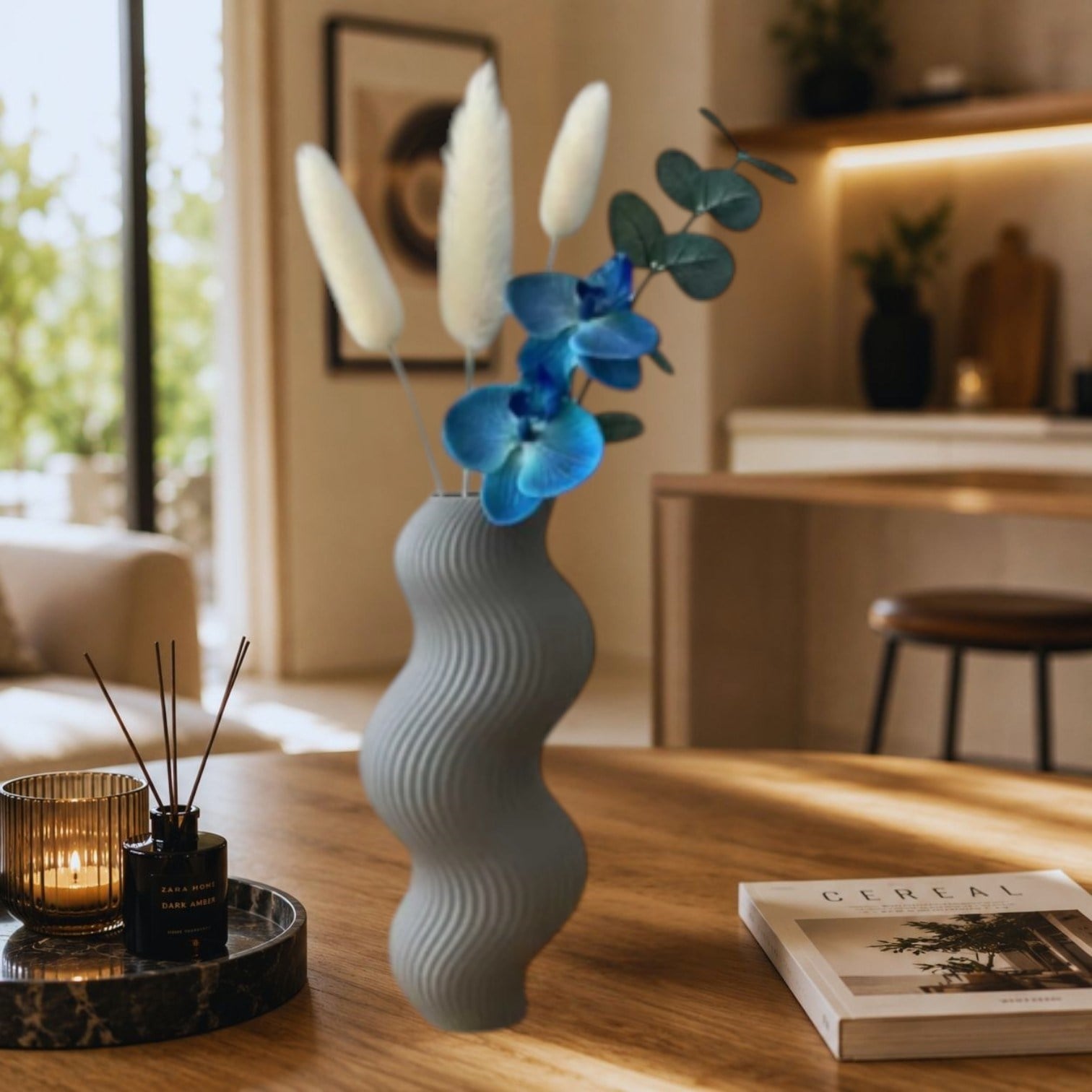 İskandinav Tarz Dalgalı Formlu Dekoratif 3D Vazo Gri