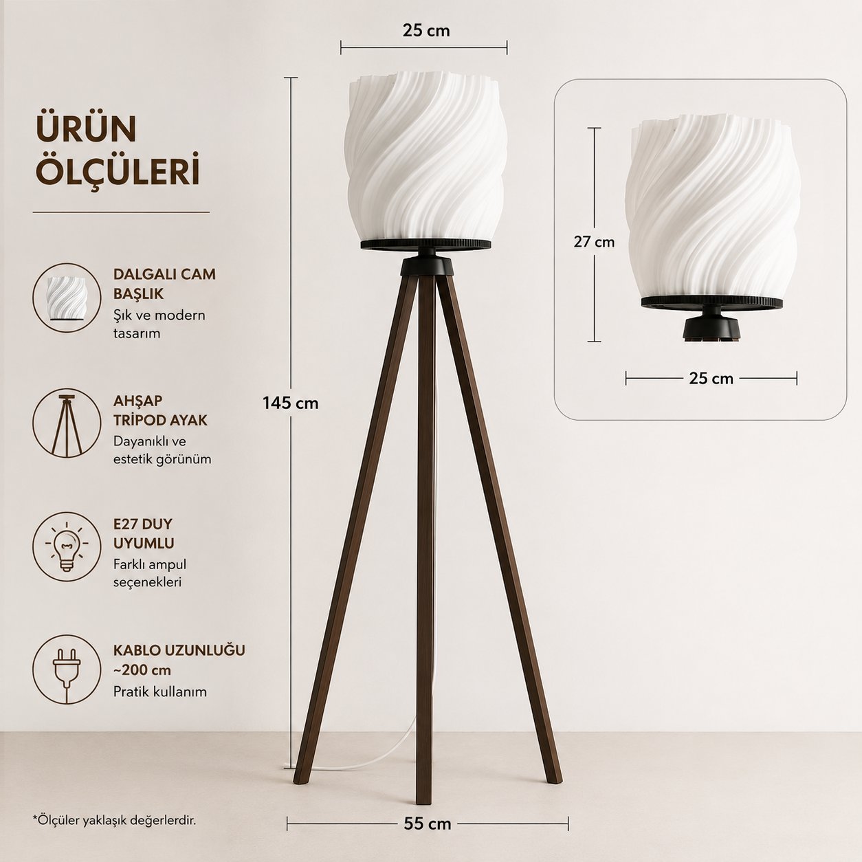 Luna Lambader Salon Oturma Odasi – Salon Aydınlatması 150 CM Kahverengi Ayaklı