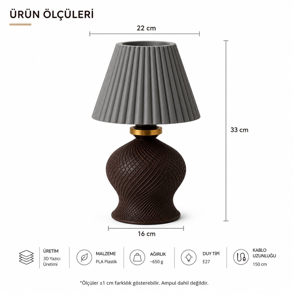 Luxury Tasarımlı Abajur – Yatak Odası ve Çocuk Odası İçin Dekoratif Aydınlatma 31x45 CM Üst Gri Alt Kahverengi