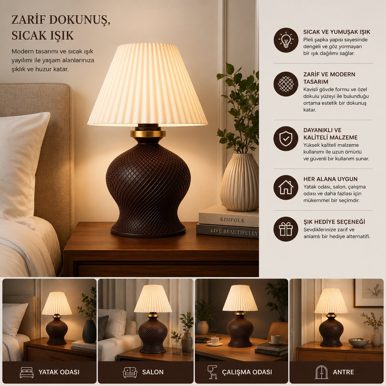 Luxury Tasarımlı Abajur – Yatak Odası ve Çocuk Odası İçin Dekoratif Aydınlatma 31x45 CM Üst Krem Alt Kahverengi