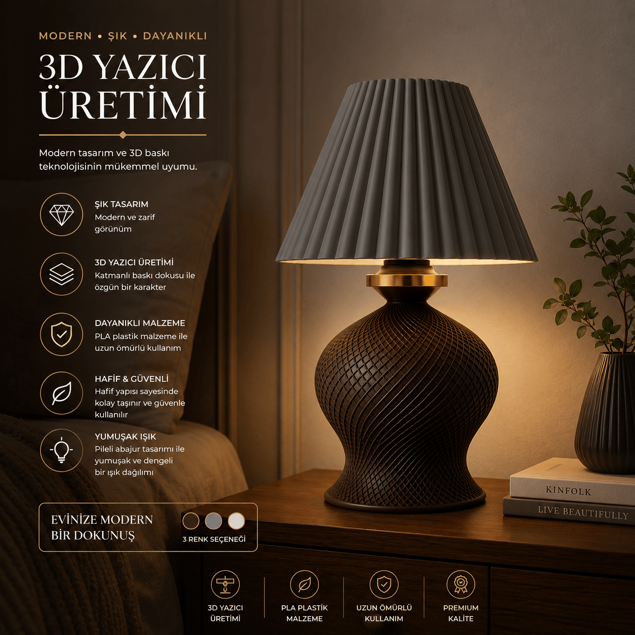 Luxury Tasarımlı Abajur – Yatak Odası ve Çocuk Odası İçin Dekoratif Aydınlatma 31x45 CM Üst Gri Alt Kahverengi