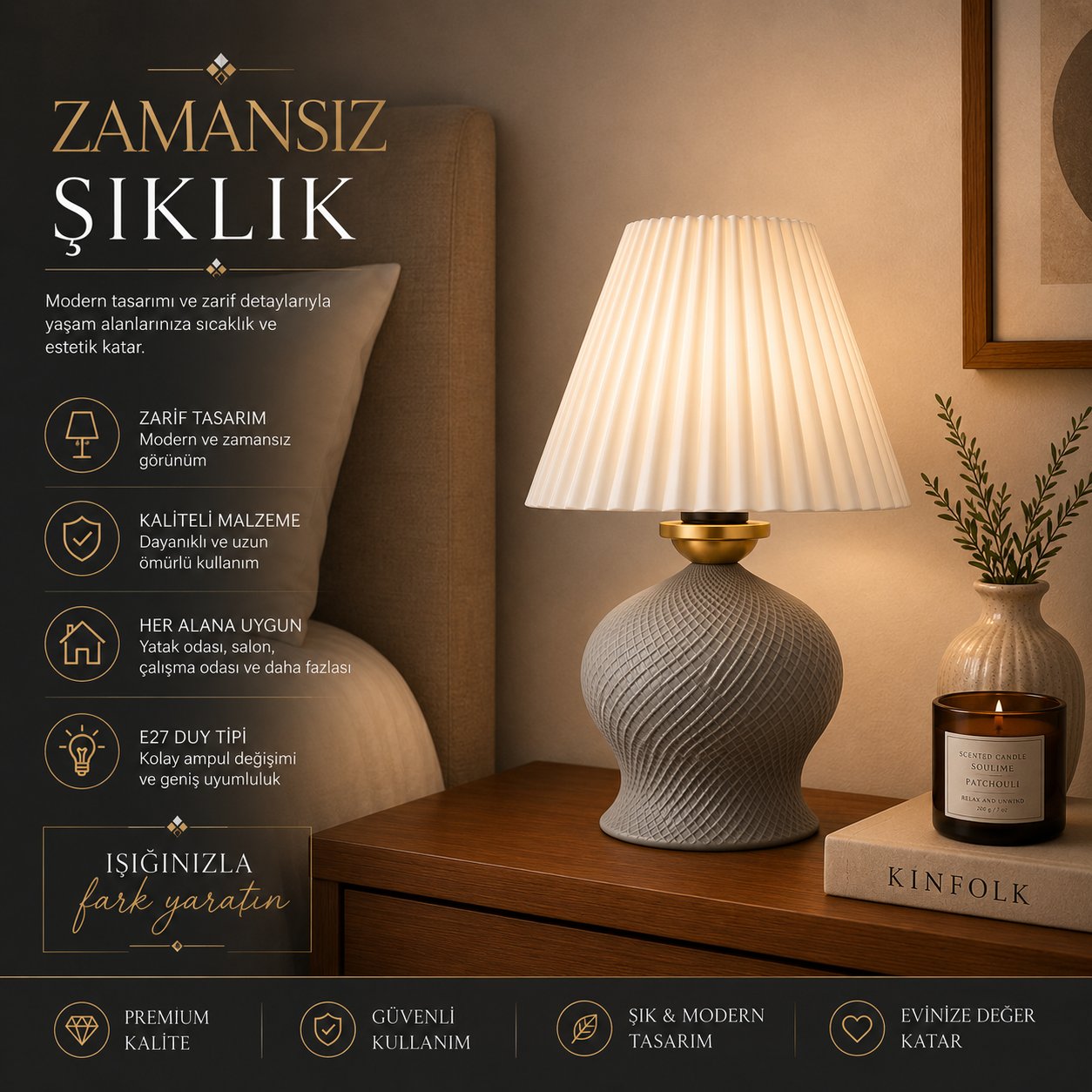 Luxury Tasarımlı Abajur – Yatak Odası ve Çocuk Odası İçin Dekoratif Aydınlatma 31x45 CM Alt Gri