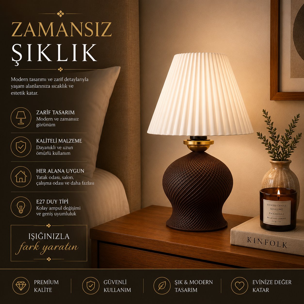 Luxury Tasarımlı Abajur – Yatak Odası ve Çocuk Odası İçin Dekoratif Aydınlatma 31x45 CM Alt Kahverengi