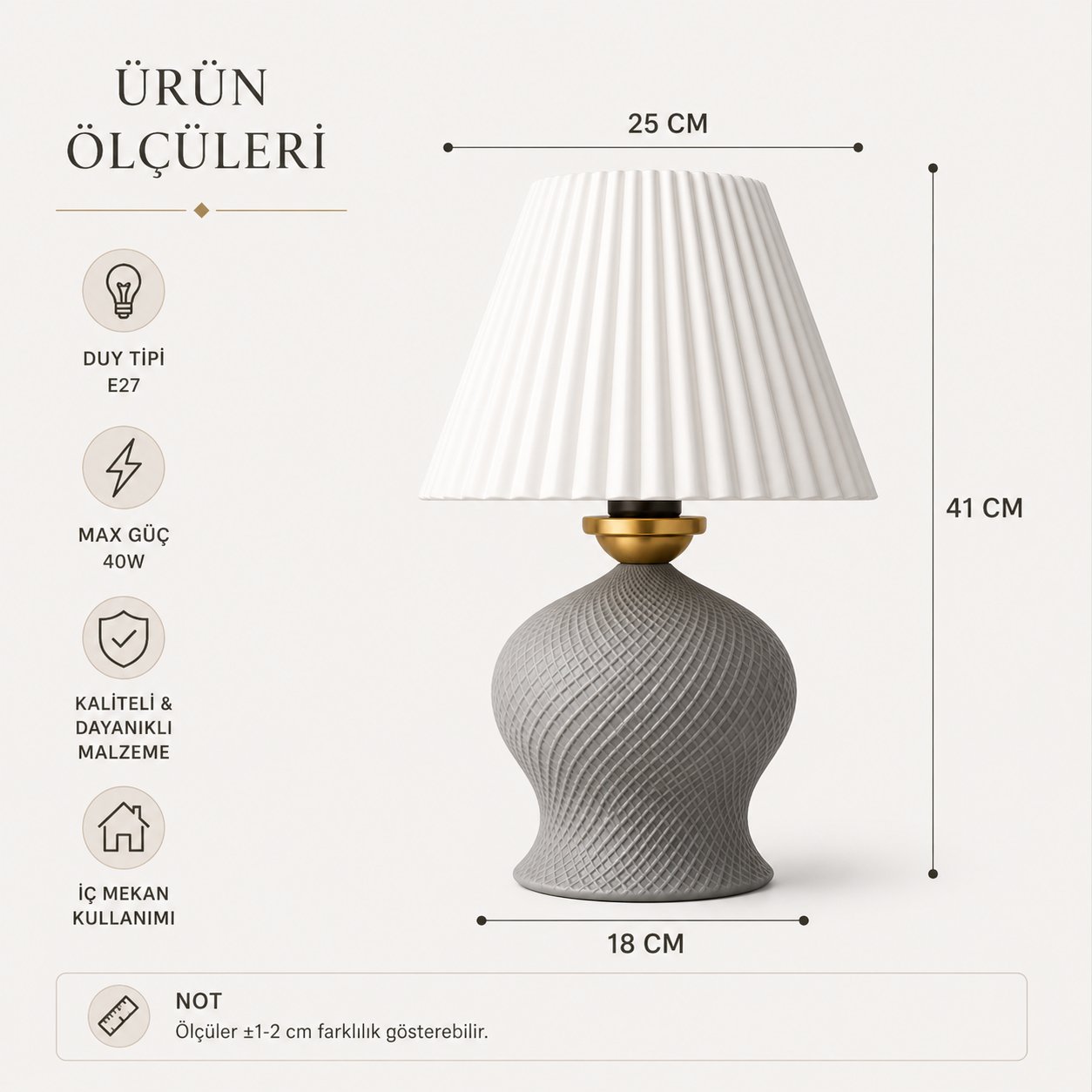 Luxury Tasarımlı Abajur – Yatak Odası ve Çocuk Odası İçin Dekoratif Aydınlatma 31x45 CM Alt Gri