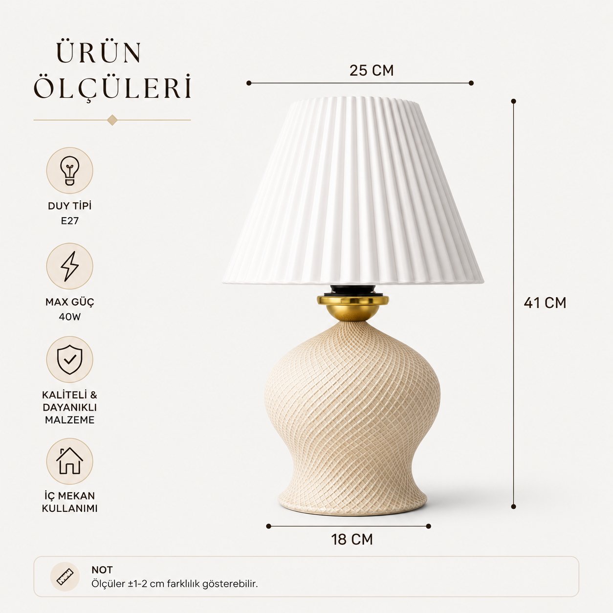 Luxury Tasarımlı Abajur – Yatak Odası ve Çocuk Odası İçin Dekoratif Aydınlatma 31x45 CM Alt Krem