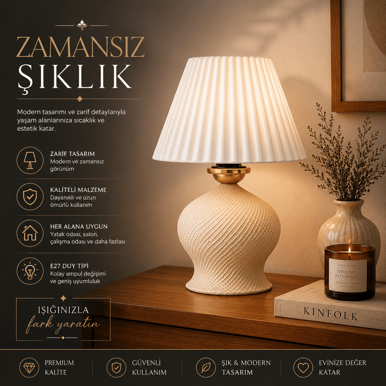 Luxury Tasarımlı Abajur – Yatak Odası ve Çocuk Odası İçin Dekoratif Aydınlatma 31x45 CM Alt Krem