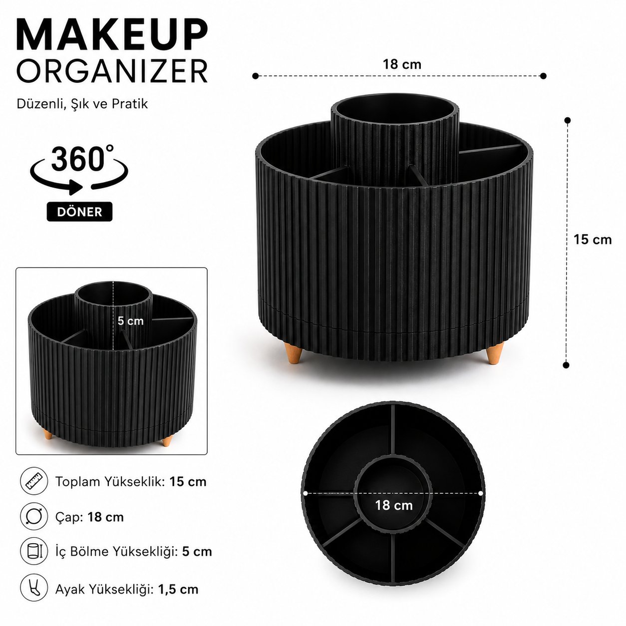 Masa Üstü Çok Amaçlı 360  Derece Dönen Organizer  – Dekoratif Ürün 20X20 CM Siyah