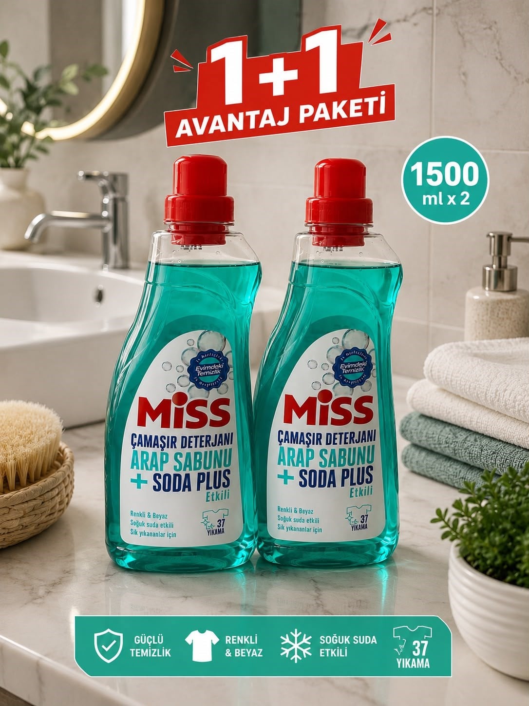 Miss Arap Sabunlu + Soda Plus Sıvı Çamaşır Deterjanı 1500 ml – 37 Yıkama 2'li