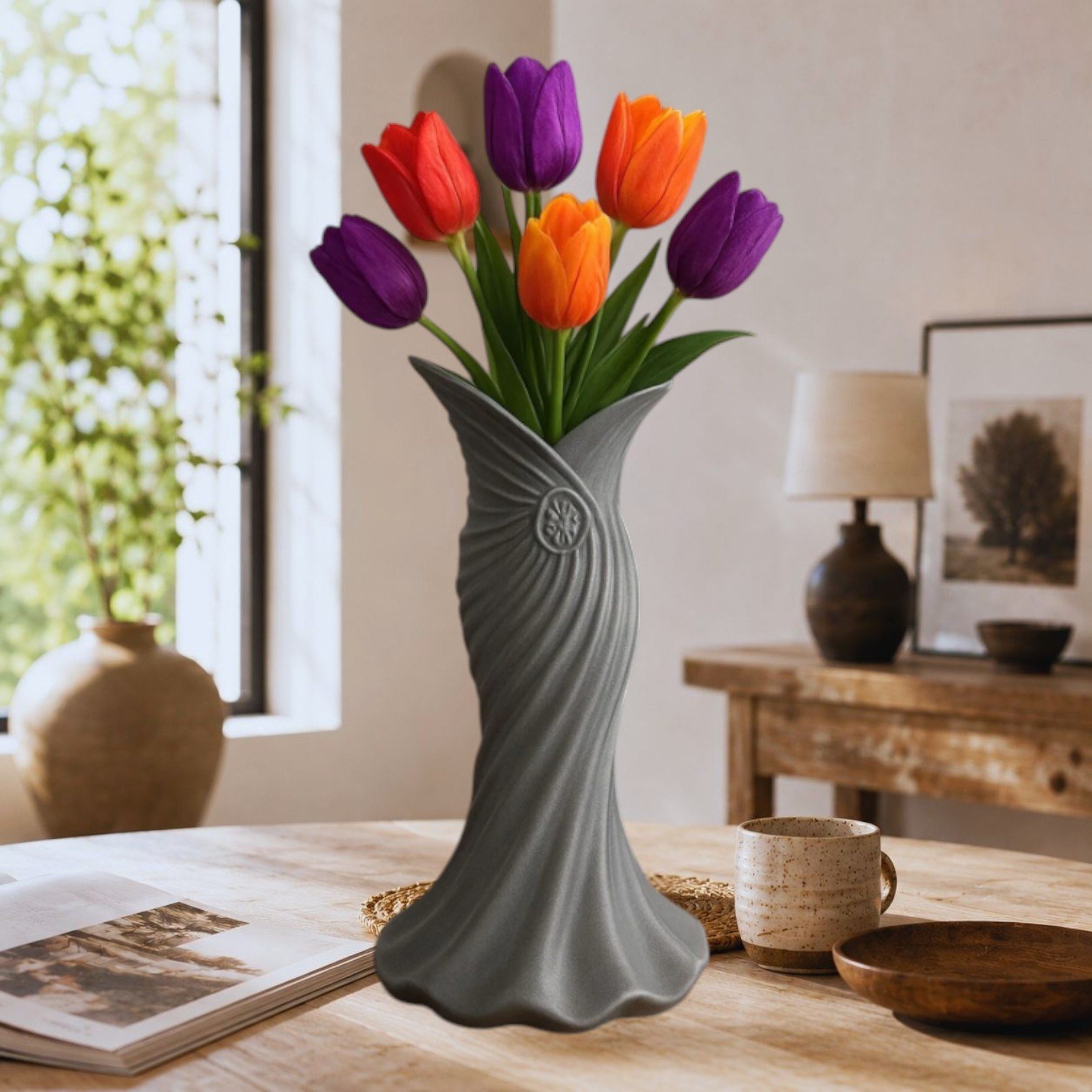 Plasti̇k İskandi̇nav Bohem Kadin Plasti̇k 3D Vazo 22 CM Gri