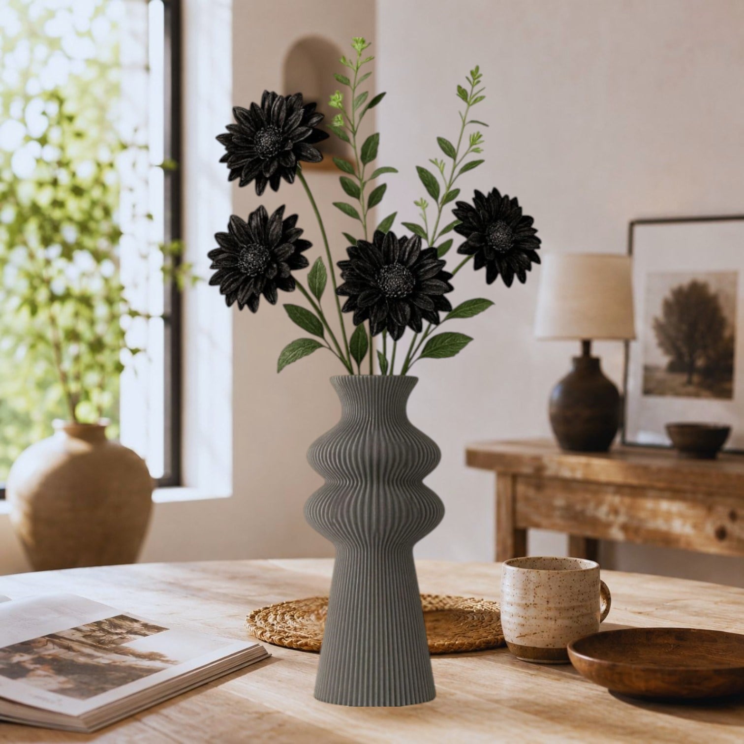 Premi̇um İskandi̇nav Rusti̇k Plasti̇k 3D Dekorati̇f Vazo GRİ
