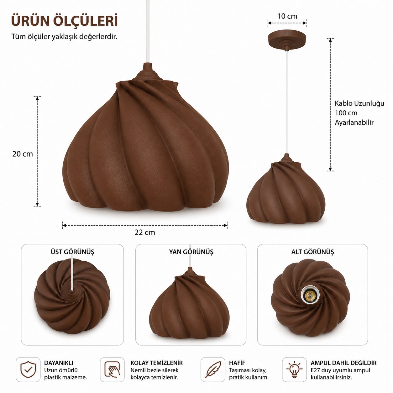 Pumpkin Tekli Avize Yatak Odası Mutfak Sarkıt Avize – Salon ve Oturma Odası Aydınlatması 25X25 CM Kahverengi
