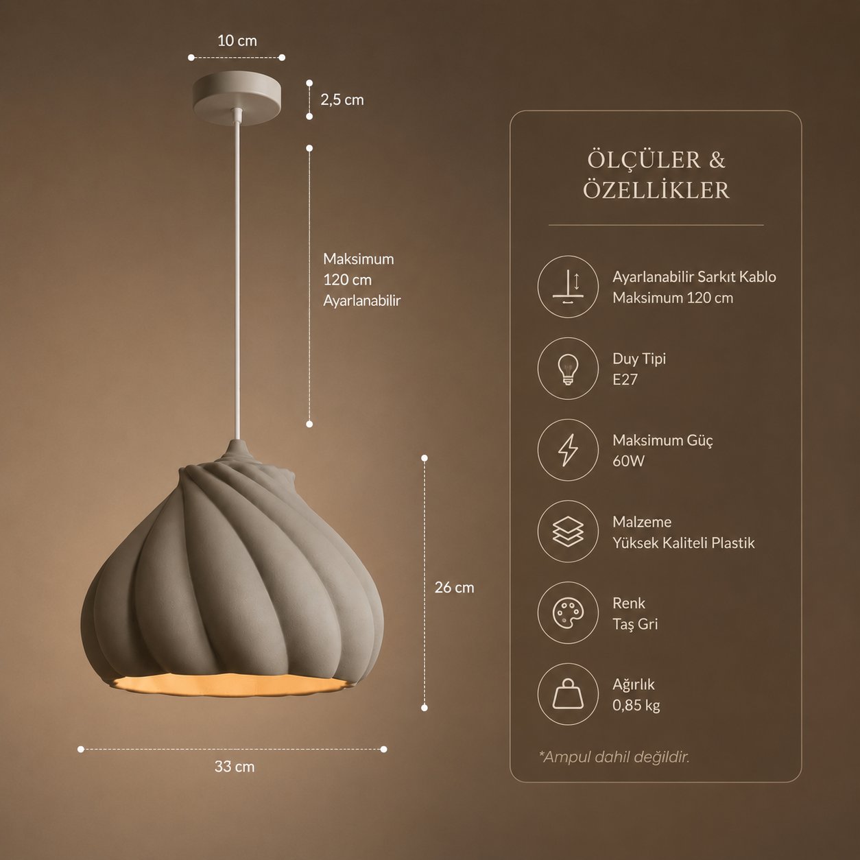 Pumpkin Tekli Avize Yatak Odası Mutfak Sarkıt Avize – Salon ve Oturma Odası Aydınlatması 25X25 CM Gri