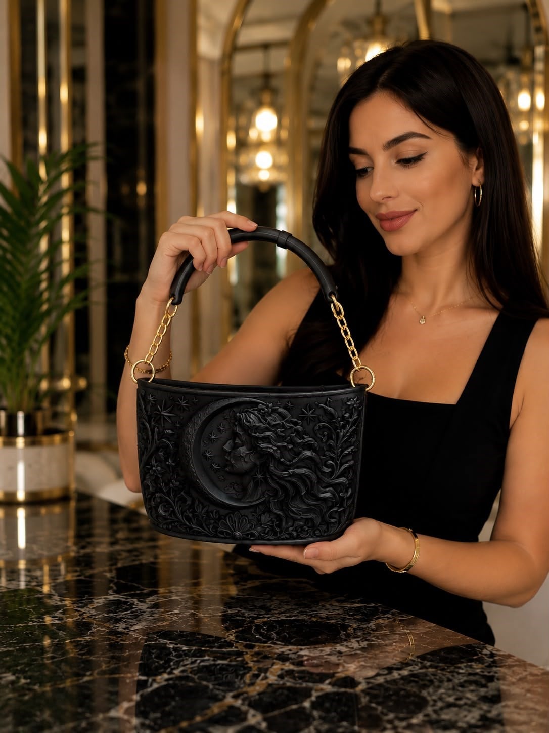 Selene Pearl Antik Dönem 3D Tasarım Omuz Çantası Siyah