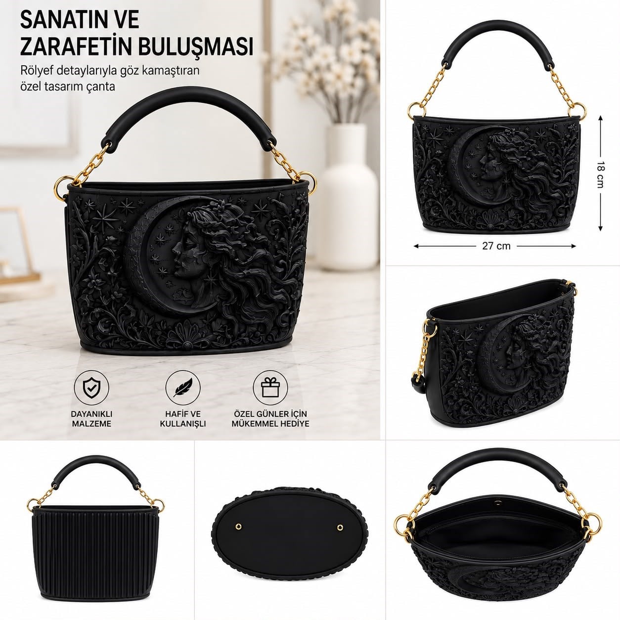 Selene Pearl Antik Dönem 3D Tasarım Omuz Çantası Siyah