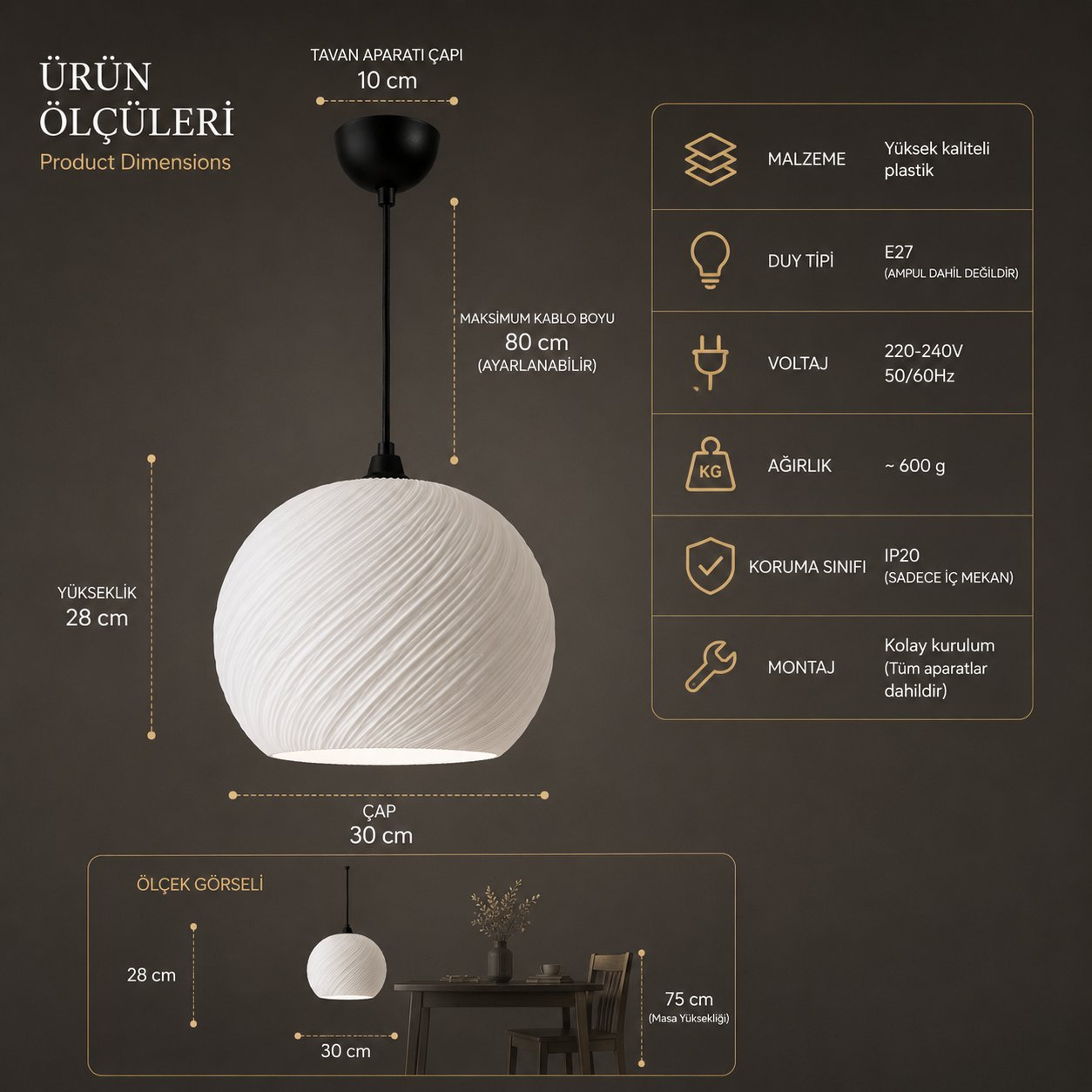 Still Sarkıt Avize Salon Mutfak Yatak Odası Aydınlatması 62 CM Beyaz