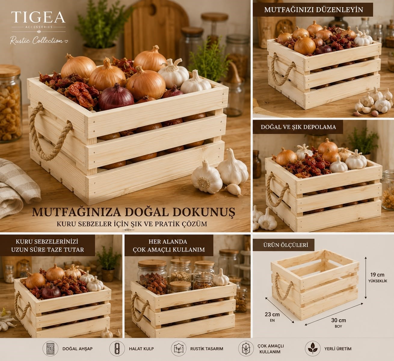 TIGEA Doğal Ahşap Halat Kulplu Dekoratif Kasa 30x23x19 cm Çok Amaçlı Organizer Açık Renk
