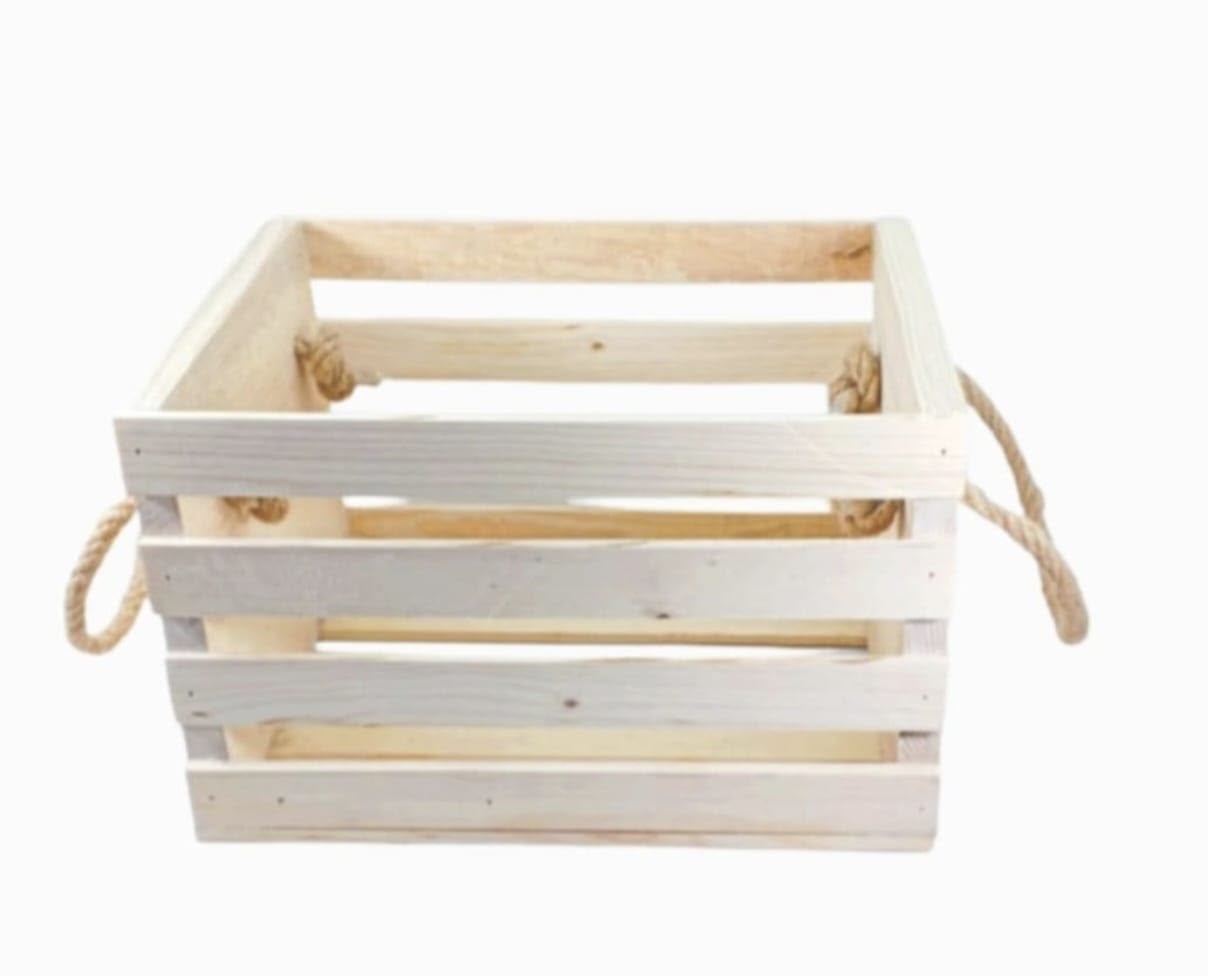TIGEA Doğal Ahşap Halat Kulplu Dekoratif Kasa 30x23x19 cm Çok Amaçlı Organizer Açık Renk