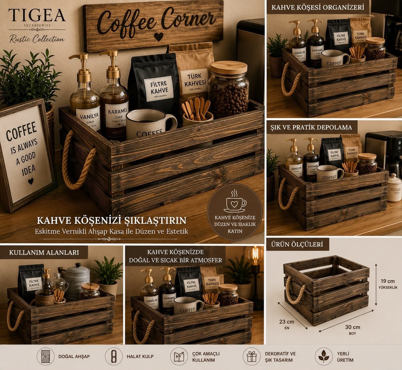 TIGEA Eskitme Vernikli Halat Kulplu Dekoratif Ahşap Kasa 30x23x19 cm Rustik Organizer