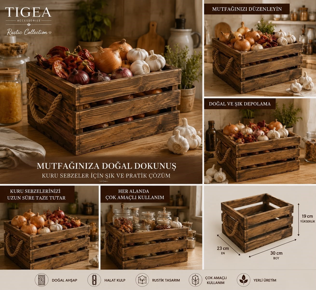 TIGEA Eskitme Vernikli Halat Kulplu Dekoratif Ahşap Kasa 30x23x19 cm Rustik Organizer