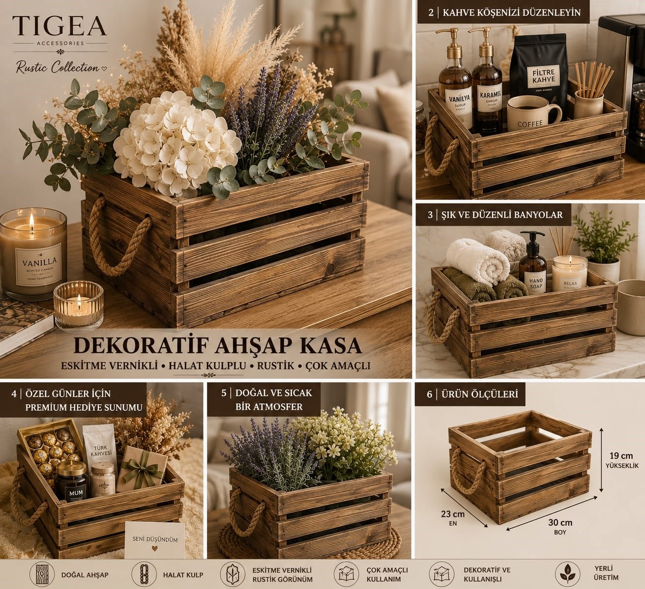 TIGEA Eskitme Vernikli Halat Kulplu Dekoratif Ahşap Kasa 30x23x19 cm Rustik Organizer