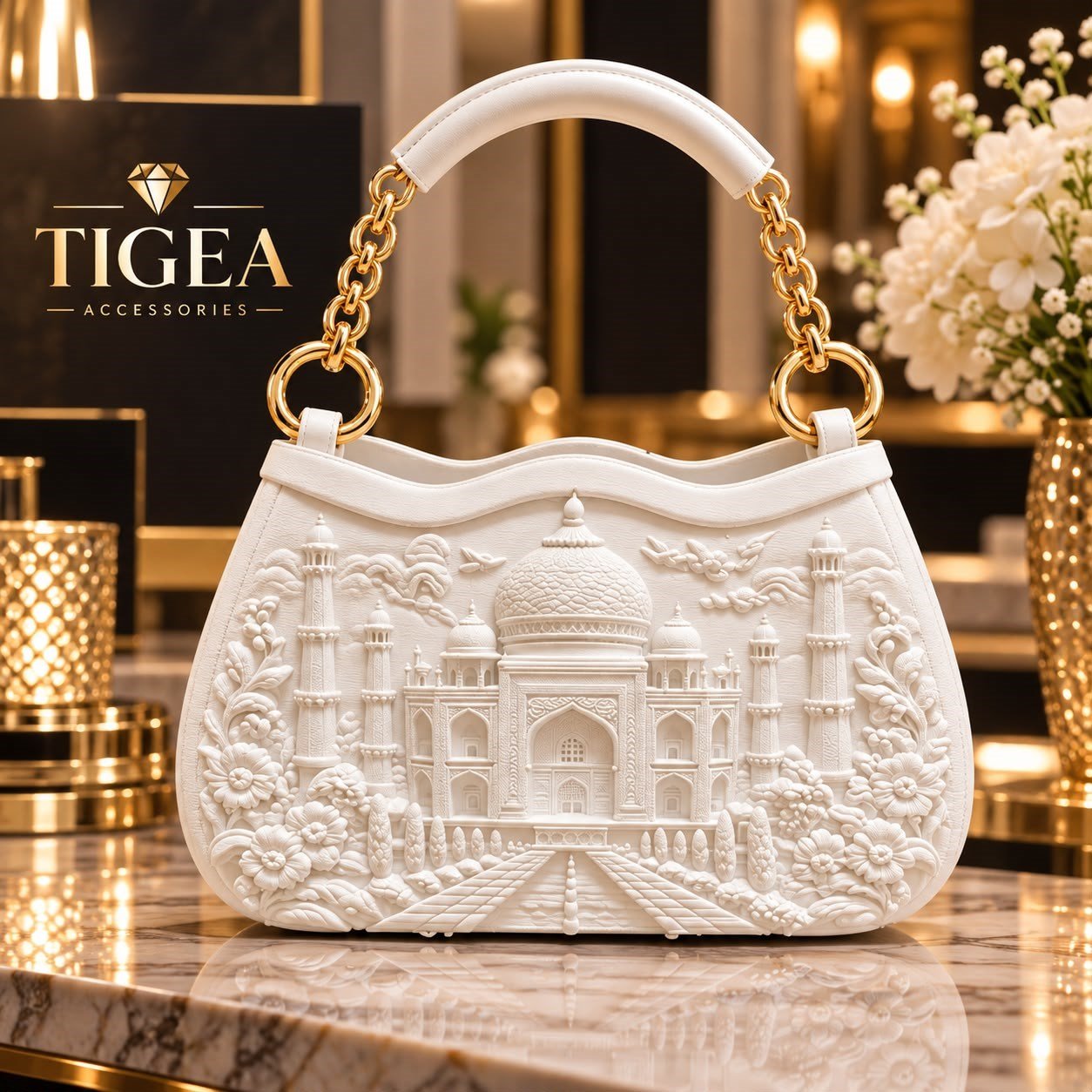 Tigea Tac Mahal Kabartma Desenli Beyaz Kadın El ve Omuz Çantası – 3D Özel Tasarım