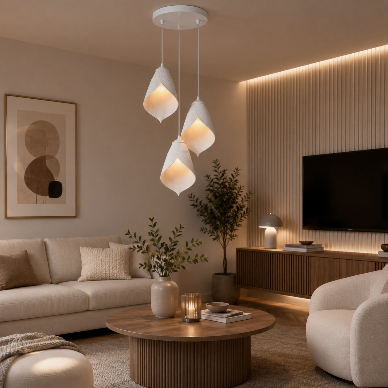 Yaprak Şekilli Beton Dokulu Salon / Oturma Odası Üçlü Sarkıt Avize