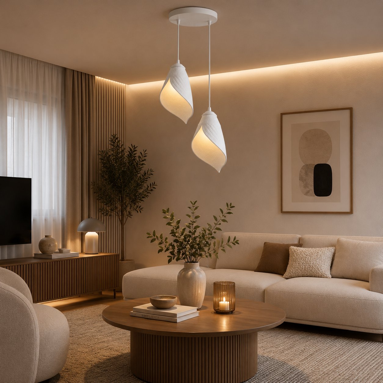 Yaprak Şekilli Beton Dokulu Salon / Oturma Odası İkili Sarkıt Avize