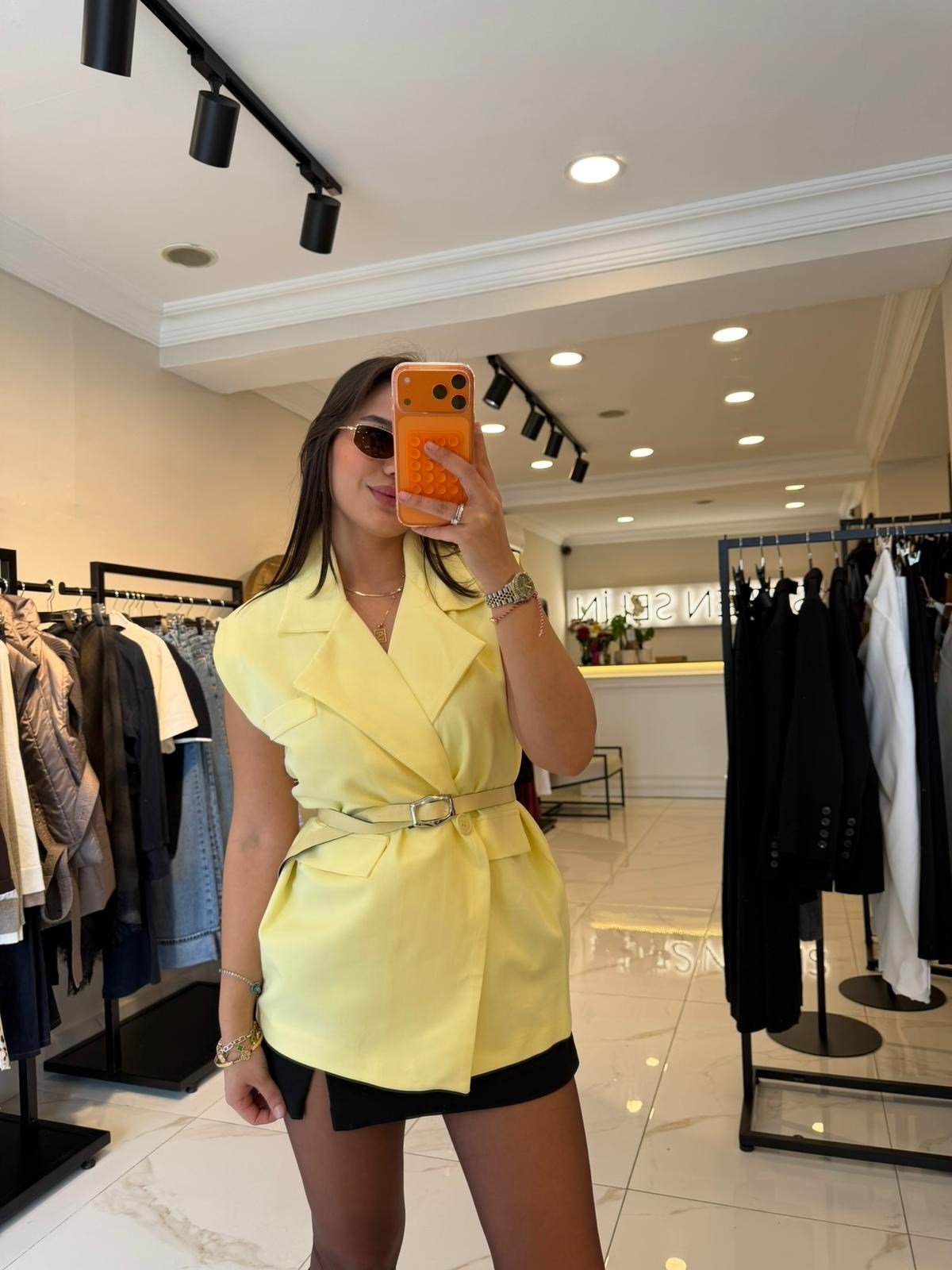 KEMERLİ OVERSIZE YELEK SARI
