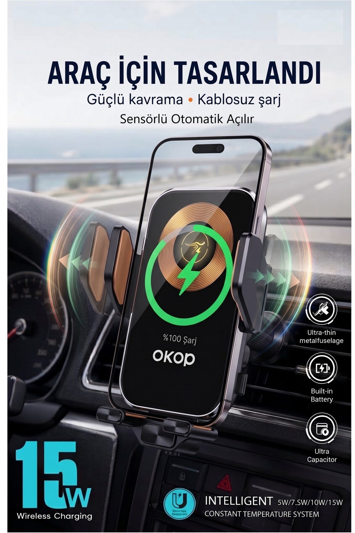 Otomatik Sensörlü Kablosuz Şarjlı Araç İçi Telefon Tutucu - 15W Kablosuz Hızlı Şarjlı - Otomatik Açı