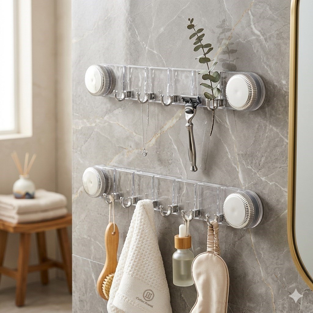 Şık Görünümlü Vakumlu ve Yapışkanlı Mutfak Banyo Askılığı Modern 5 Kancalı Vantuzlu Mutfak Askısı