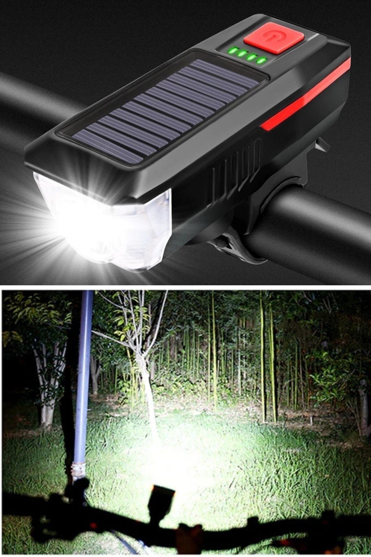 Solar Şarj Edilebilir Bisiklet Farı Feneri Kornalı Ve Su Geçirmez Usb Şarj Edilebilir Scooter Farı