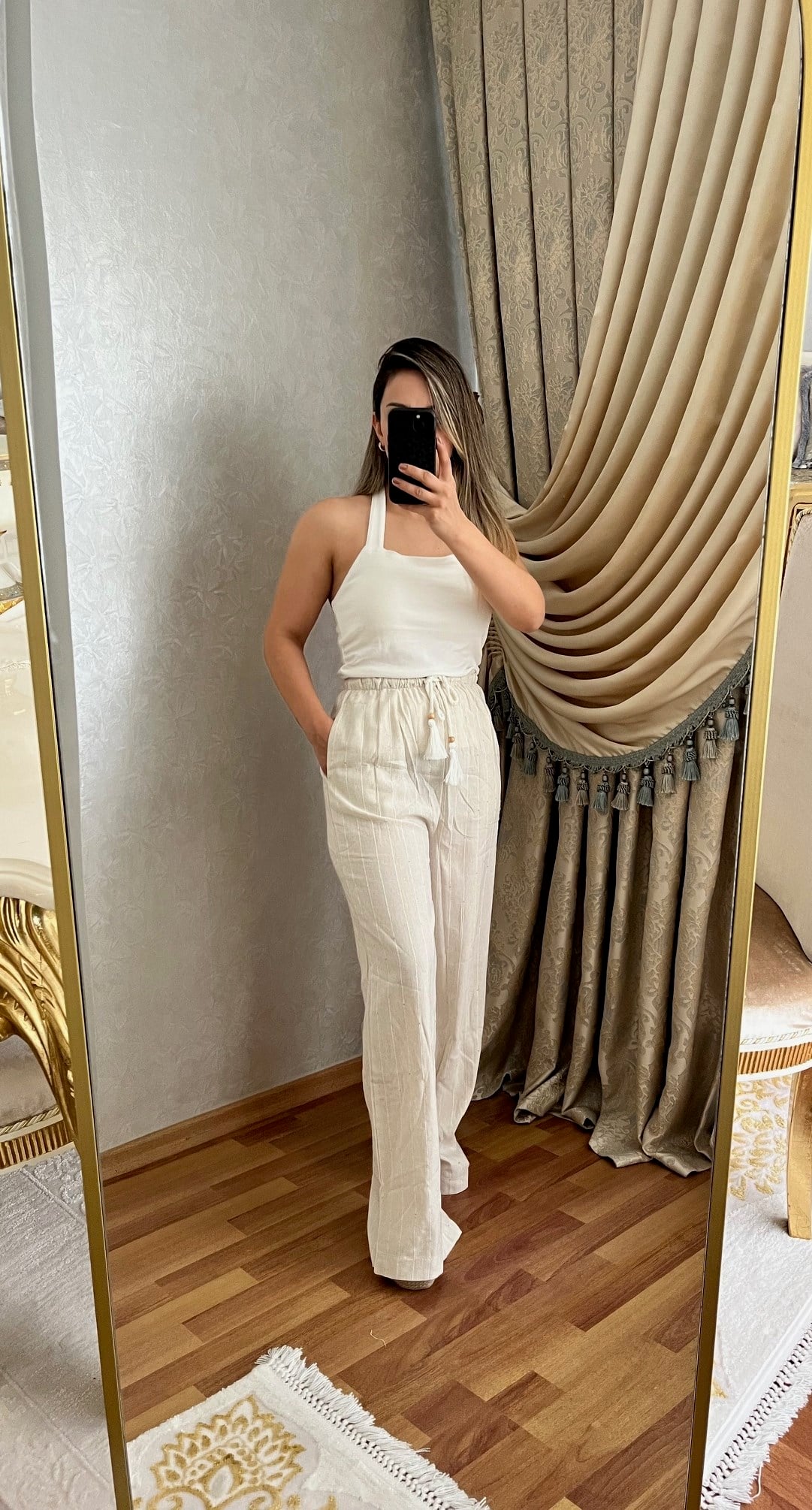 KETEN PANTOLON PUL DETAYLI GENİŞ PAÇA BELİ LASTİKLİ
