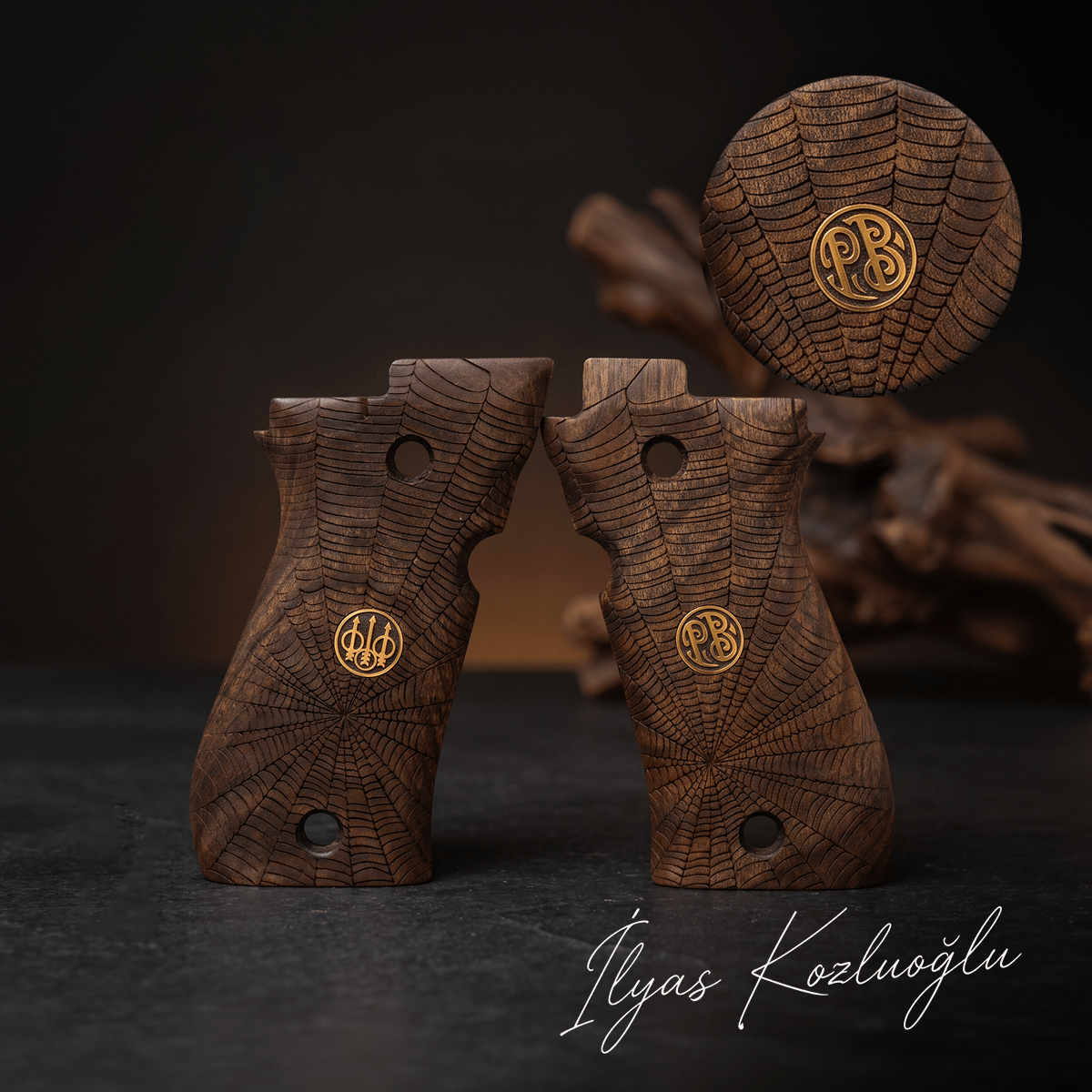 Beretta 81 F Ceviz Kabza Tam Yüzey Ağ Desenli Üzeri Sarı Pirinç Marka Logolu