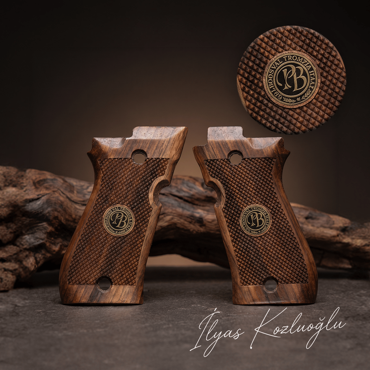 Beretta 81 F Ceviz Kabza Tam Yüzey Baklava Desenli Üzeri Sarı Pirinç Marka Logolu