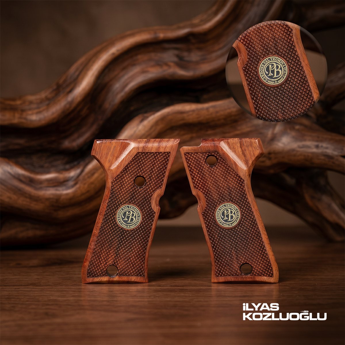 Beretta 92 Compact Koyu Ceviz Kabza Tam Yüzey İşlemeli Sarı Pirinç Logolu