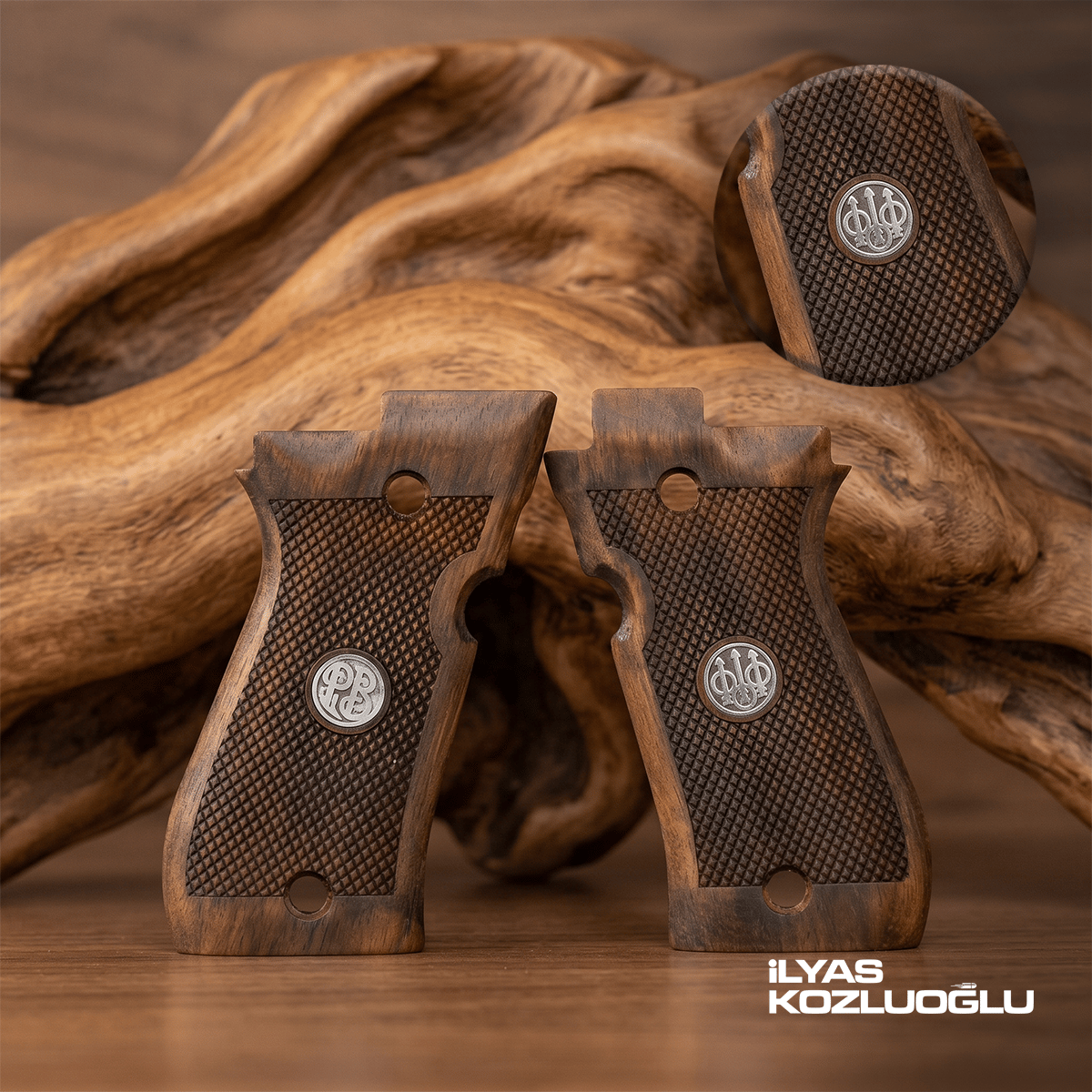 Beretta F84 Ceviz Kabza Tam Yüzey Baklava Desen Üzeri Gümüş Renk Marka Logolu