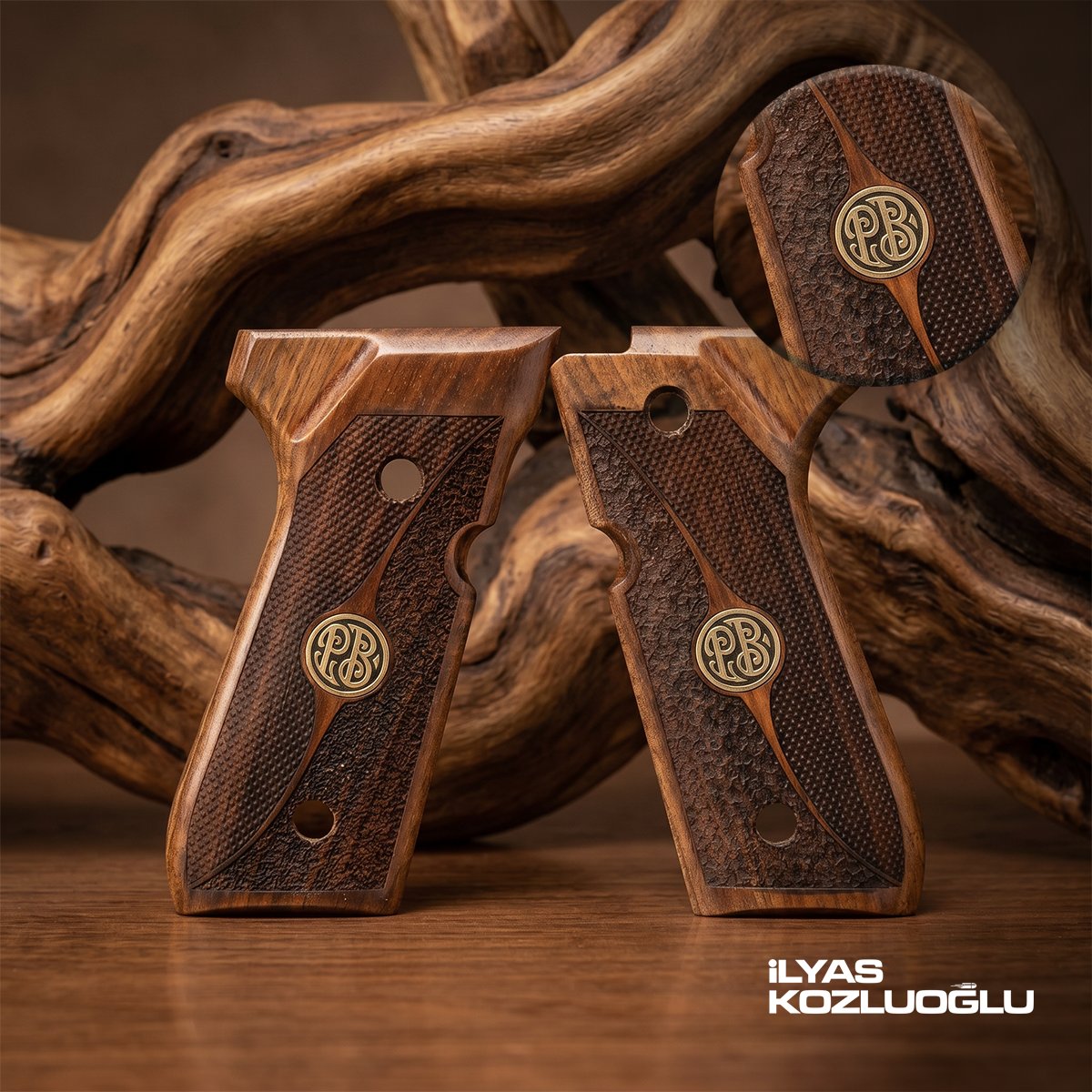 Beretta F92 Koyu Ceviz Kabza Tam Yüzey İşlemeli Sarı Pirinç Marka Logolu