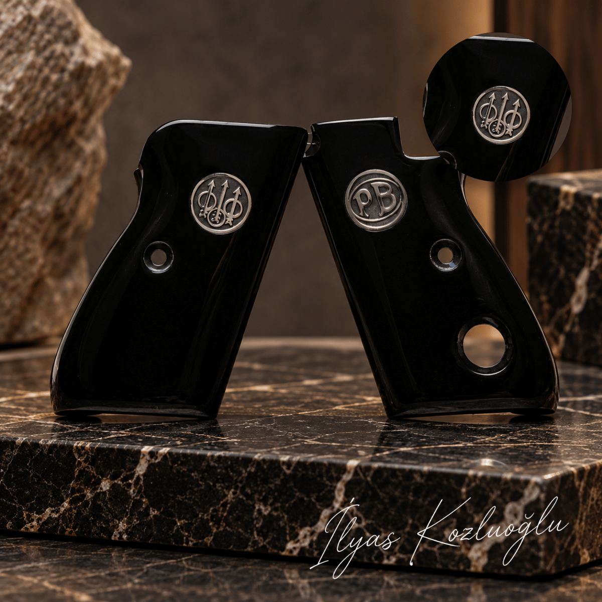 Beretta Mod 70 Parlak Siyah Pleksi Kabza Yüzey Desensiz Gümüş Renk Beretta Logolu