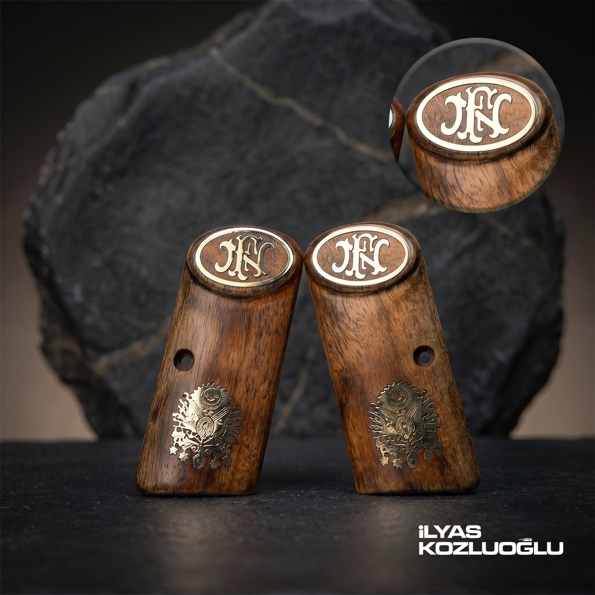 Browning FN 1922 Kısa Belçika Koyu Ceviz Kabza Gümüş Renk Osmanlı Devlet Armalı ve Marka Logolu