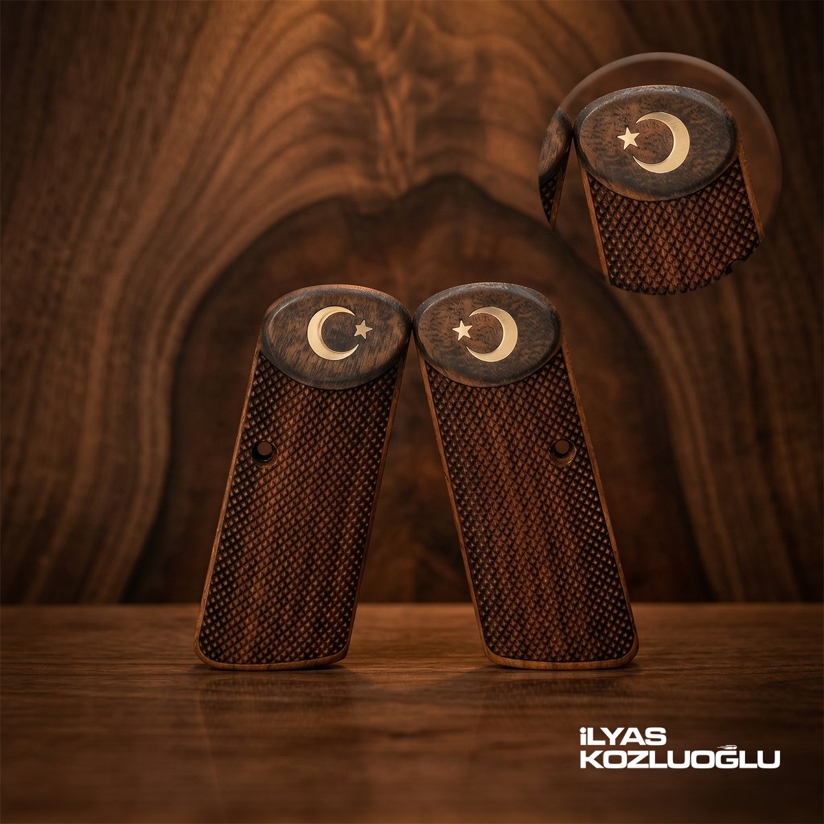Browning FN 1922 Kısa Belçika Koyu Ceviz Kabza Tam Yüzey Desen Üzeri Sarı Pirinç Ay Yıldız Logolu