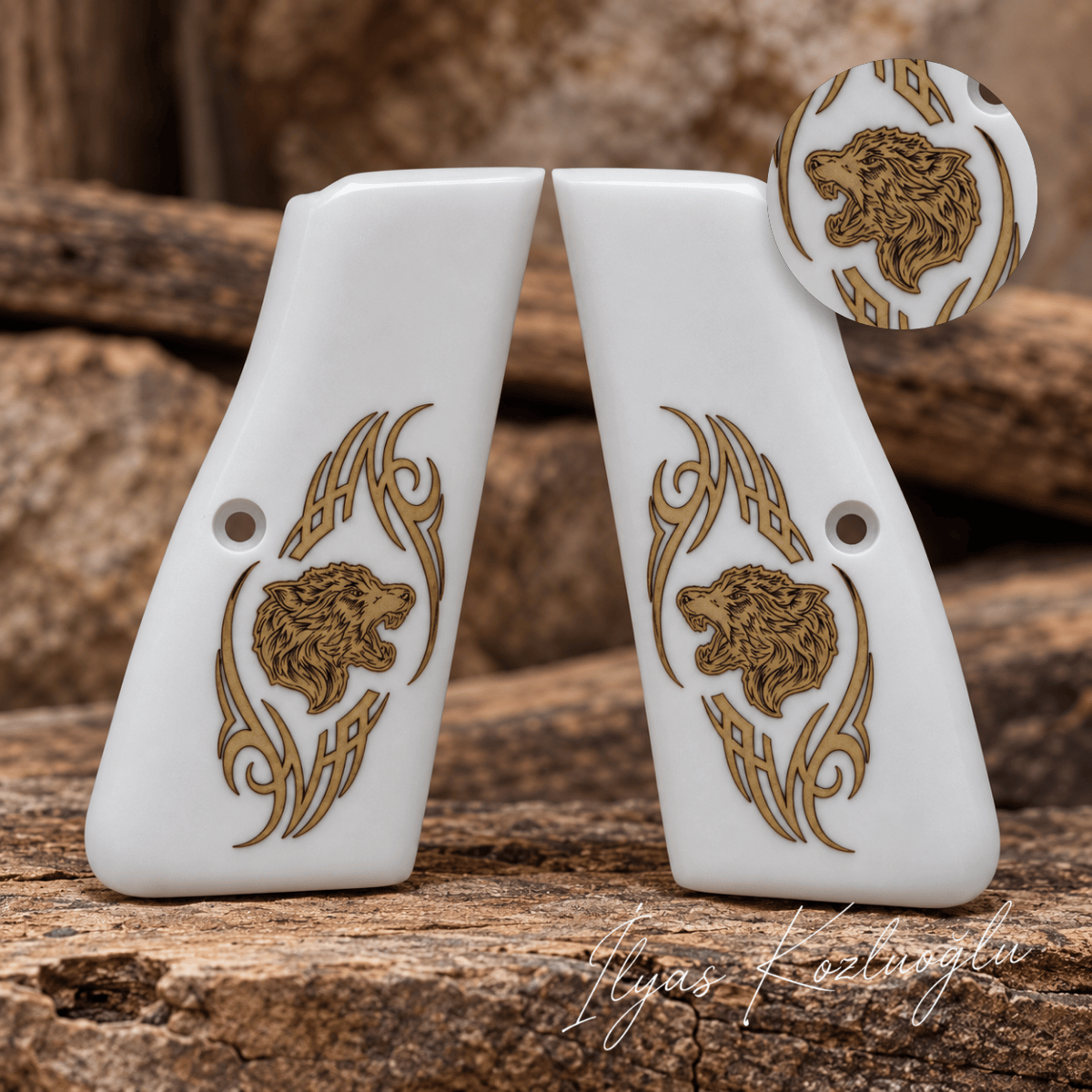 Browning MK3 Beyaz Pleksi Kabza Yüzey Desensiz Sarı Pirinç Desen ve Kurt Logolu
