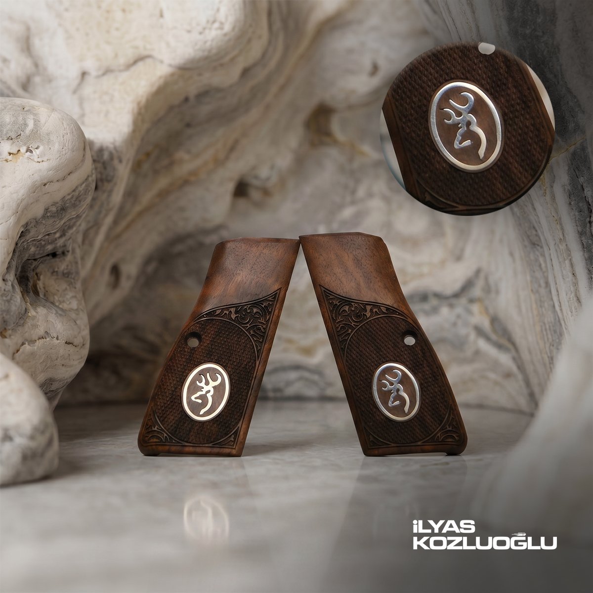 Browning MK3 Ceviz Ağacı Kabza Yarım Yüzey Desen Gümüş Renk Marka Logolu