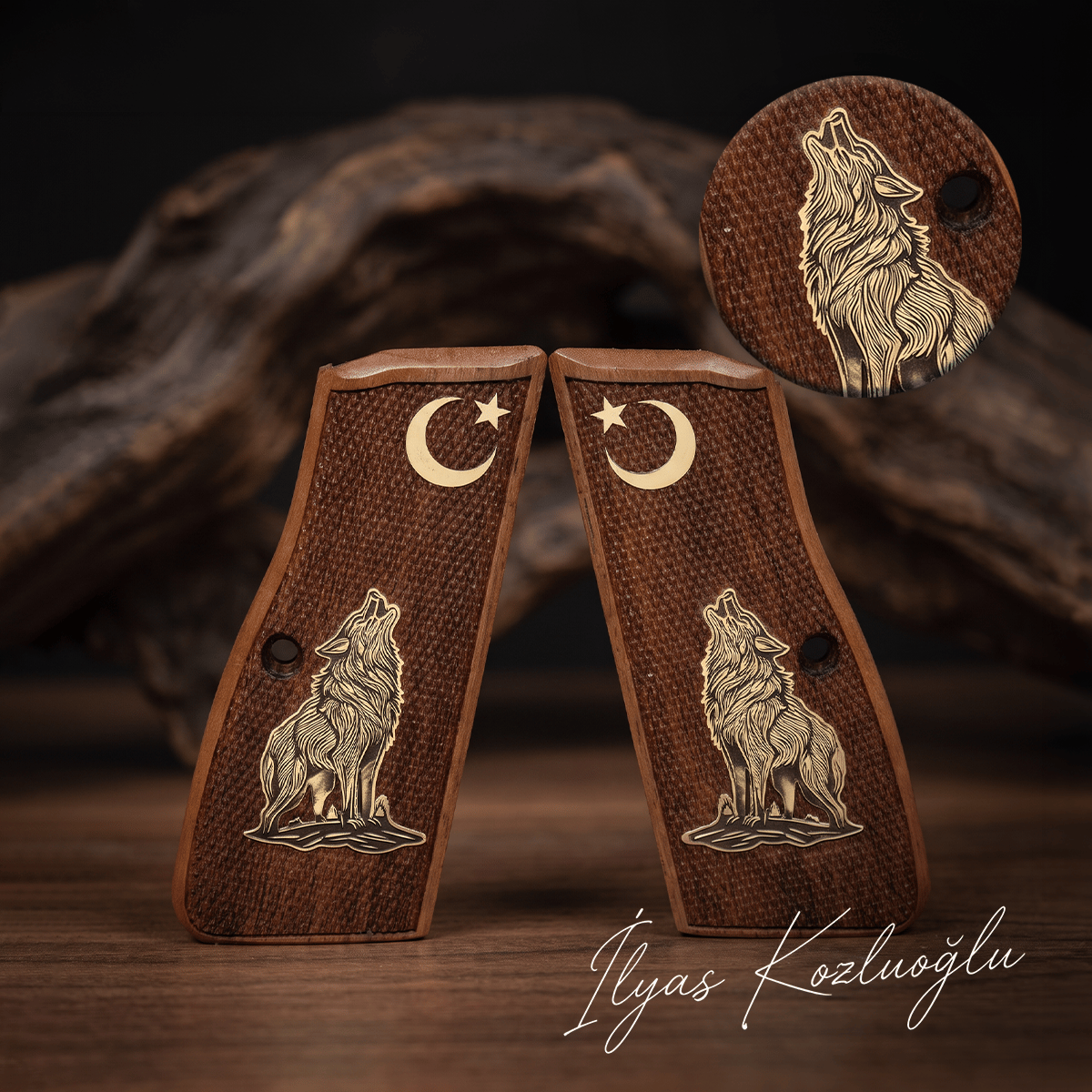 Browning MK3 Ceviz Kabza Tam Yüzey Baklava Desen Üzeri Sarı Pirinç Kurt ve Ay Yıldız Logolu