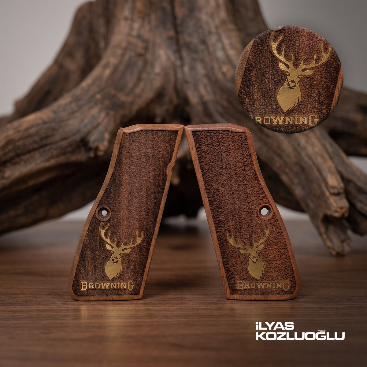 Browning MK3 Ceviz Kabza Tam Yüzey Desen Üzeri Sarı Pirinç Geyik Logosu ve Browning Yazılı