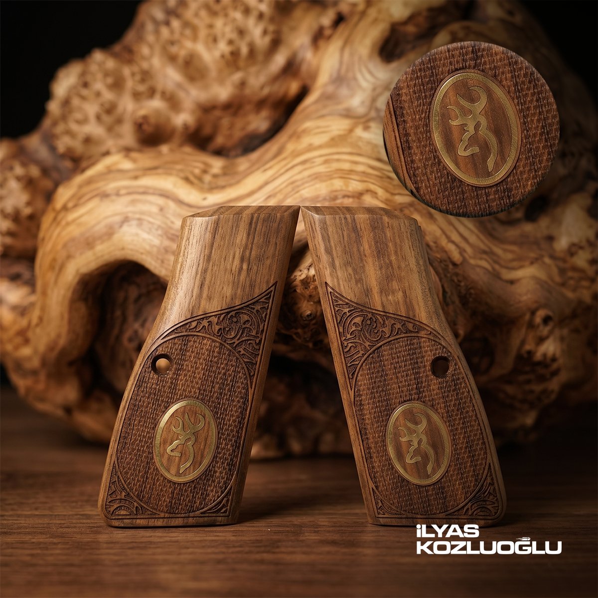 Browning MK3 Ceviz Kabza Yarım Yüzey Desenli Sarı Pirinç Logolu Özel Tasarım