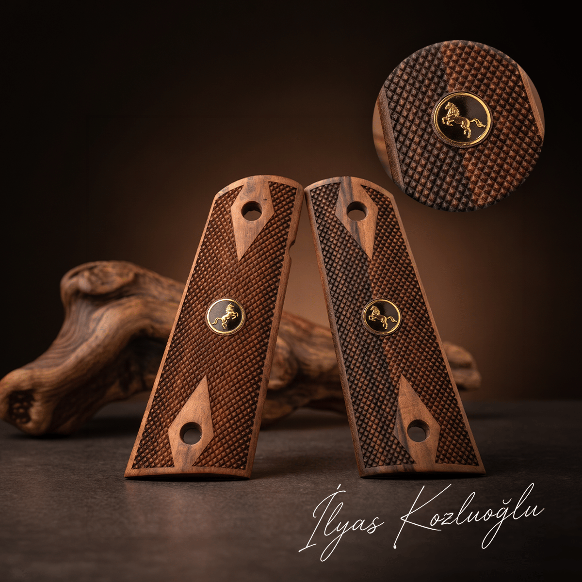 Colt 1911 Ceviz Kabza Tam Yüzey Baklava Desenli Üzeri Sarı Pirinç At Logolu