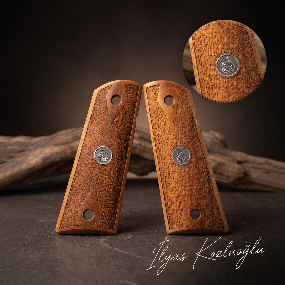 Colt 1911 Ceviz Kabza Tam Yüzey Desenli Üzeri Gümüş Renk Colt Logolu