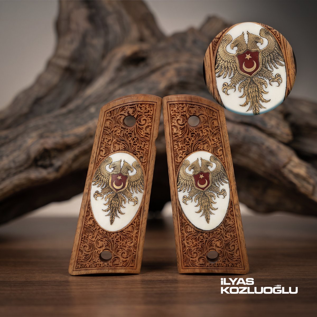 Colt 1911 Ceviz Kabza Tam Yüzey Sarmaşık Desen Üzeri Özel Tasarım Sarı Pirinç Selçuklu Kartalı Logolu
