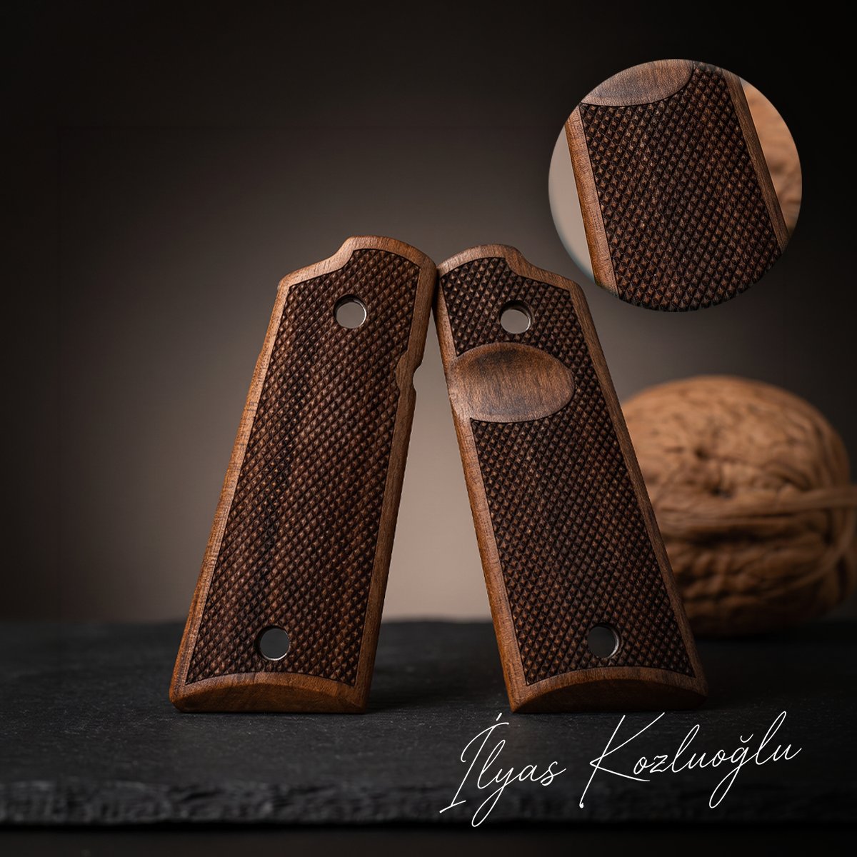 Colt 1911 Defender Ceviz Kabza Tam Yüzey Baklava Desenli Logosuz