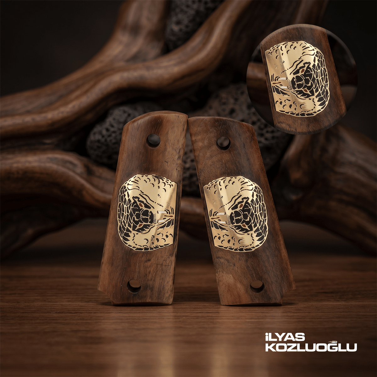 Colt 1911 Koyu Ceviz Kabza Desensiz Yüzey Özel Tasarım Sarı Pirinç Logolu